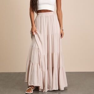 Lulus Sunset By The Sea Light Beige Embroidered Tiered Maxi Skirt - Size S